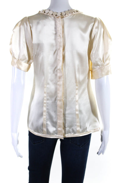 Max Azria Womens Embellished Satin Short Sleeve Top Blouse Ivory Size Small