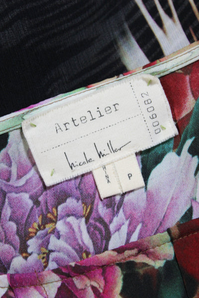 Artelier Nicole Miller Womens Silk Floral Print Blouse Multi Colored Size Petite