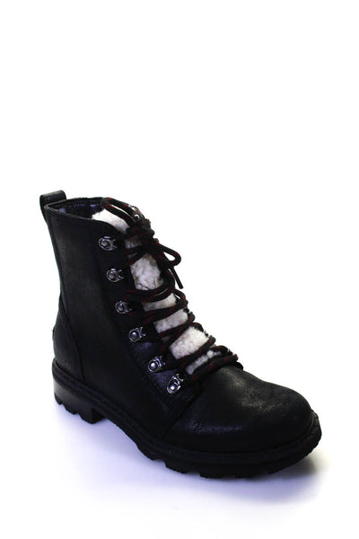Sorel Womens Lace Up Shearling Trim Combat Boots Black Leather Size 7.5M