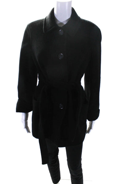 Cinzia Rocca Womens Wool Belted Collared Long Sleeve Button Up Coat Black Size 6