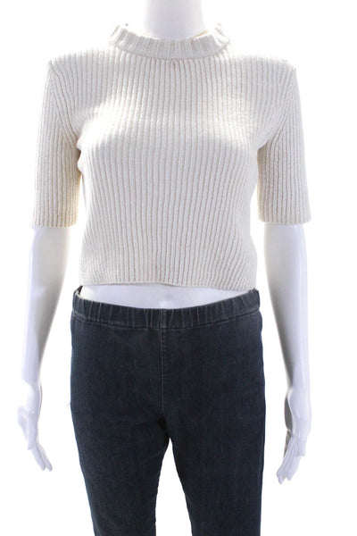 Staud Womens Ribbed Crew Neck Short Sleeves Sweater White Size Extra Small
