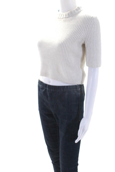 Staud Womens Ribbed Crew Neck Short Sleeves Sweater White Size Extra Small