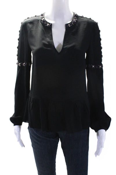 Tory Burch Womens Silk Beaded V-Neck Long Sleeve Peplum Blouse Top Black Size 0