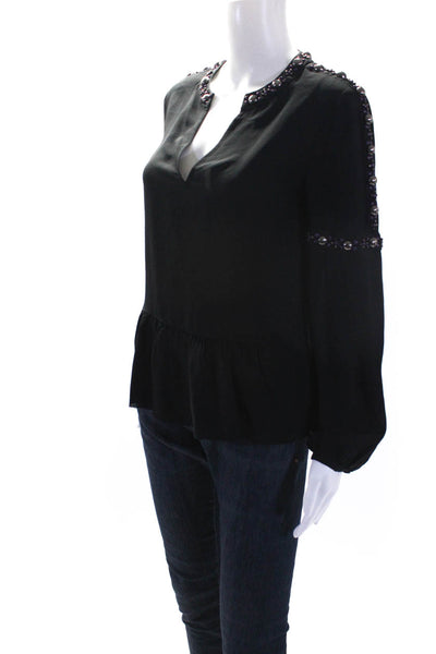 Tory Burch Womens Silk Beaded V-Neck Long Sleeve Peplum Blouse Top Black Size 0