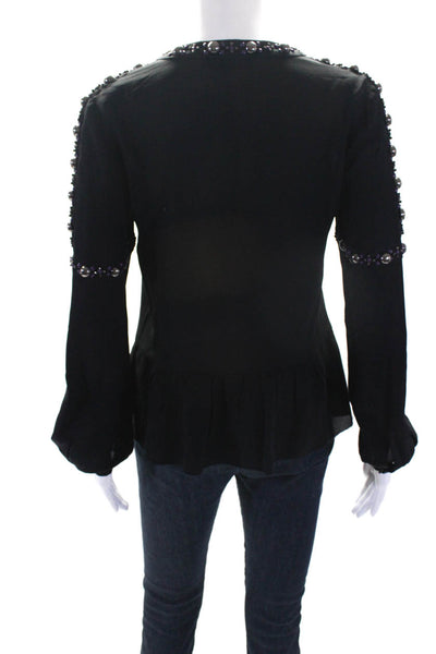 Tory Burch Womens Silk Beaded V-Neck Long Sleeve Peplum Blouse Top Black Size 0