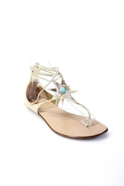 Aquazzura Womens Gold Beige Embellished T-Strap Flats Sandals Shoes Size 7.5