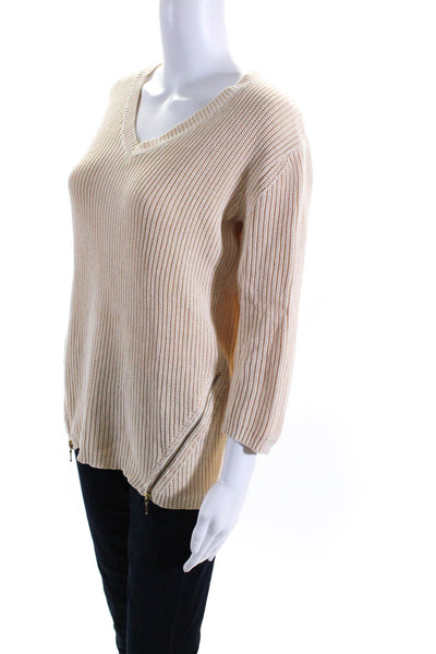 Tyler Boe Womens Cotton V Neck Ribbed Knit Zipper Trim Sweater Beige Size 8