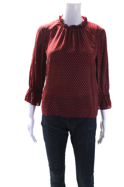 Frame Womens Silk Heart Polka Dot 3/4 Sleeved Round Neck Blouse Red Black Size S
