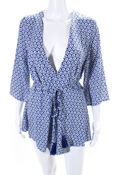 Olivaceous Womens Blue White Printed V-Neck Long Sleeve Romper Dress Size M