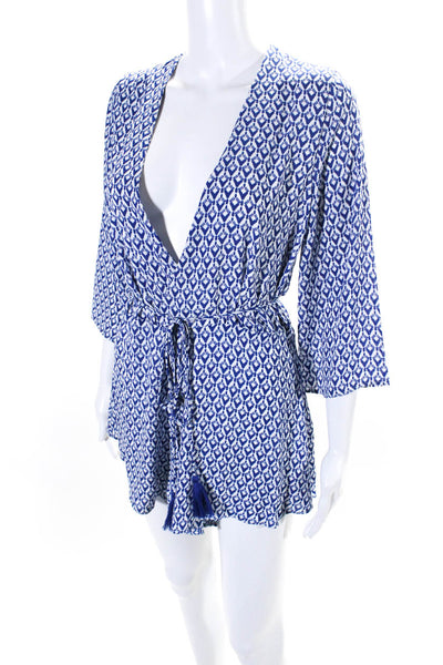 Olivaceous Womens Blue White Printed V-Neck Long Sleeve Romper Dress Size M