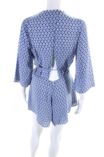 Olivaceous Womens Blue White Printed V-Neck Long Sleeve Romper Dress Size M