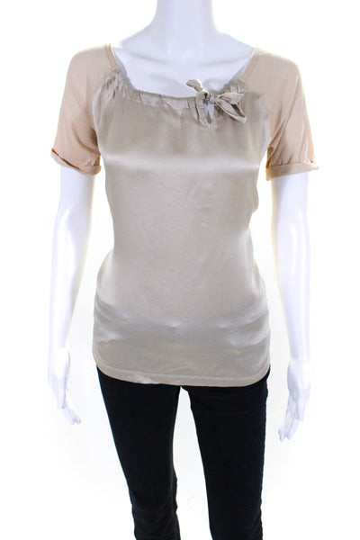 Gerard Darel Womens Silk Charmeuse Knotted Boat Neck Short Sleeve Top Tan Size 2