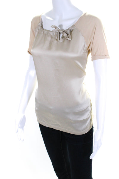 Gerard Darel Womens Silk Charmeuse Knotted Boat Neck Short Sleeve Top Tan Size 2