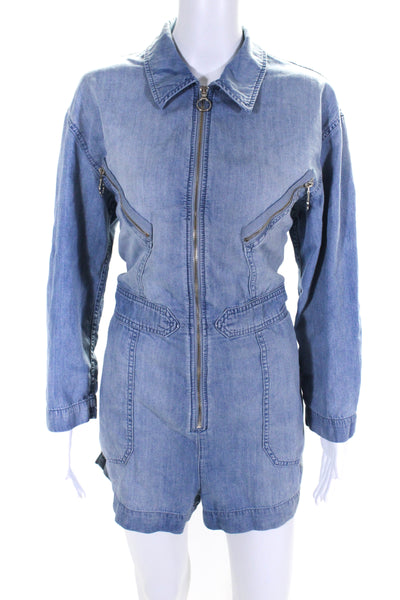 7 For All Mankind Womens Cotton Denim Front Zip Long Sleeve Romper Blue Size L
