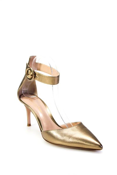 Gianvito Rossi Womens Leather Ankle Strap Pointed Toe Pumps Gold Size 39.5 9.5