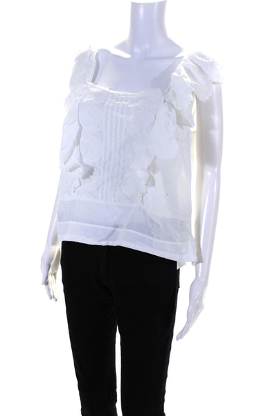 La Vie Womens Embroidered Ruffled Short Sleeves Blouse White Cotton Size Large