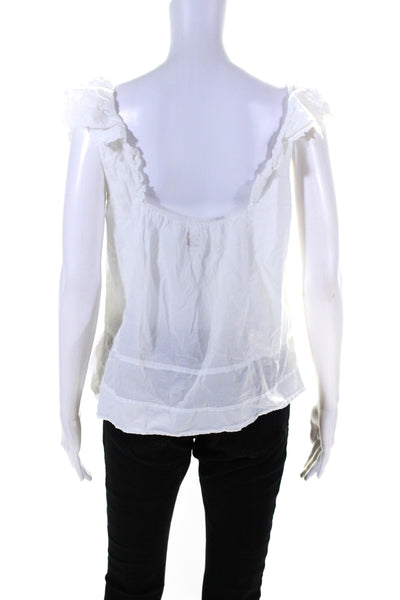 La Vie Womens Embroidered Ruffled Short Sleeves Blouse White Cotton Size Large