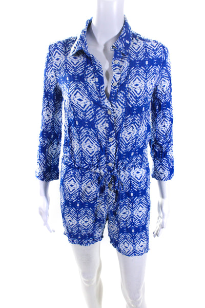 Felicite Womens Button Front 3/4 Sleeve Collared Romper Blue White Size 1