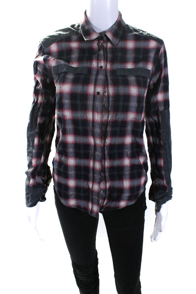 IRO Jeans Womens Button Front Collared Plaid Shirt Gray Red Size Extra Small