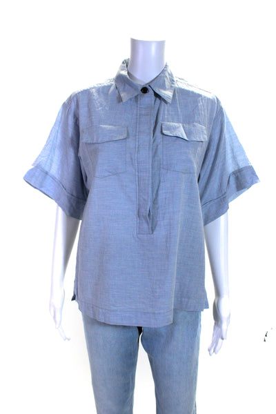 Jill Stuart Womens Short Sleeve Half Button Oversized Shirt Blue Size Small