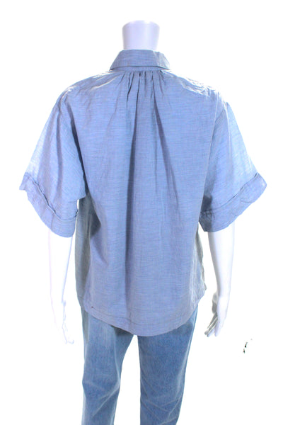 Jill Stuart Womens Short Sleeve Half Button Oversized Shirt Blue Size Small