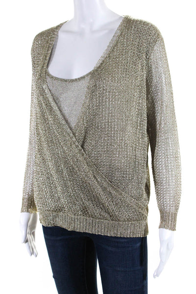 Modern Citizen Womens Metallic Knit Long Sleeved Wrap Blouse Gold Tone Size M