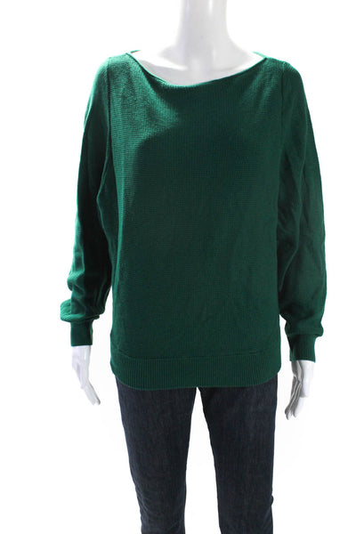 Vince Womens Waffle Knit Long Sleeved Boat Neck Pullover Sweater Green Size M