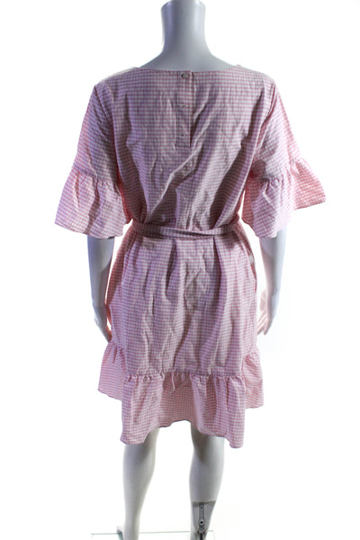 1901 Womens Gingham Plaid Belted Dress Pink White Cotton Size Small