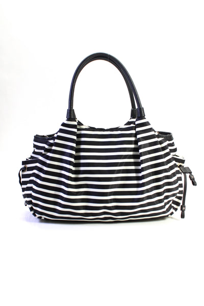 Kate Spade New York Striped Print Full Zip Travel Shoulder Handbag Black White