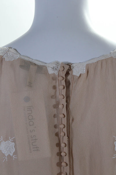 Joie Women's Round Neck Long Sleeves Embellish Silk Blouse Beige Size XS