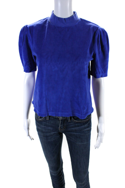 Suzie Kondi Women's Mock Neck Puff Shoulder Blouse Lapis Size S