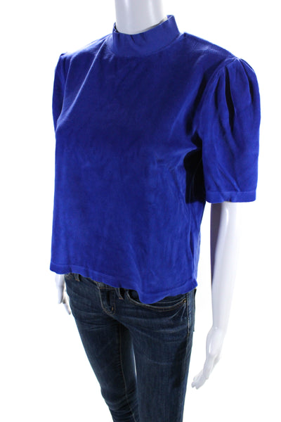 Suzie Kondi Women's Mock Neck Puff Shoulder Blouse Lapis Size S