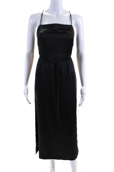 MDRN Womens Satin Lace Up Sleeveless High Slit Straight Maxi Dress Gray Size XL