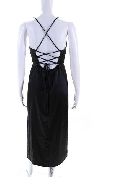 MDRN Womens Satin Lace Up Sleeveless High Slit Straight Maxi Dress Gray Size XL