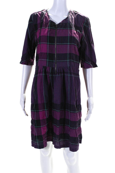 Burberry Brit Womens Front Zip Short Sleeve Plaid Dress Purple Cotton Size 10