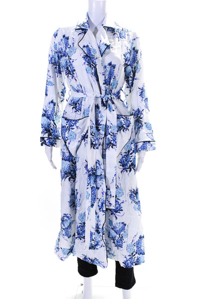 Emilia Wickstead Womens Cotton Floral V-Neck Collared Sleepwear Robe Blue Size S