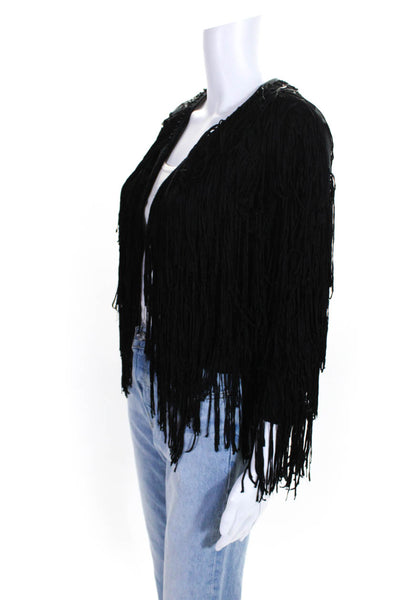 Designer Womens Open Front Fringe Cardigan Sweater Black Size Small