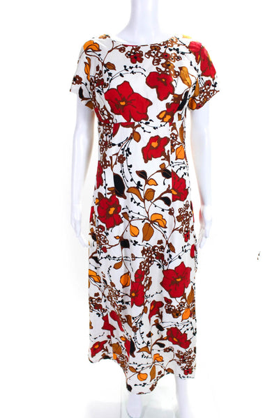 Designer Womens Short Sleeve Floral Midi A Line Dress Red White Brown Size Small