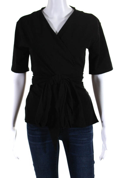 Modern Citizen Womens Cotton Short Sleeve V-Neck Wrap Around Top Black Size S