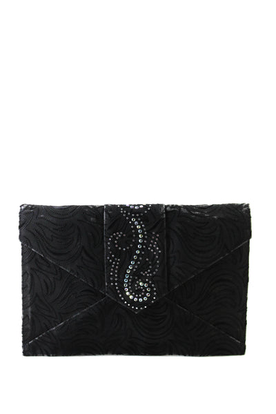 Johann Becker Womens Rhinestone Trim Envelope Clutch Handbag Black Canvas