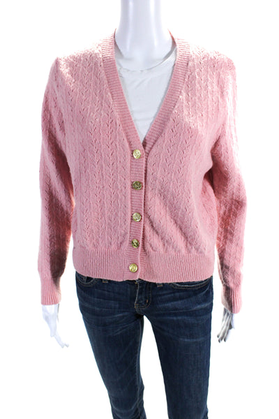 8apart Womens Cable-Knit V-Neck Button Down Short Sweater Cardigan Pink Size L
