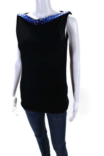 Emporio Armani Womens Black Embellished Drape Neck Sleeveless Blouse Top Size 48