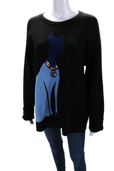 Grey Jason Wu Womens Black Crew Neck Cat Applique Pullover Sweater Top Size L