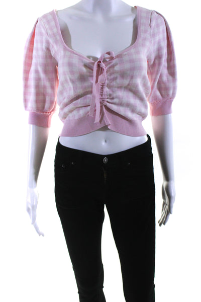 ASTR Womens Check Print Scoop Neck Short Sleeve Blouse Top Pink Size M 13995360