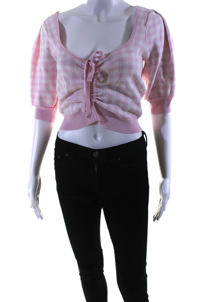 ASTR Womens Check Print Scoop Neck Short Sleeve Blouse Top Pink Size M 13995360