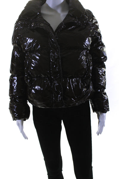 NOIZE Womesn Shiny High Neck Zip Up Cropped Puffer Coat Brown Size L 15883241