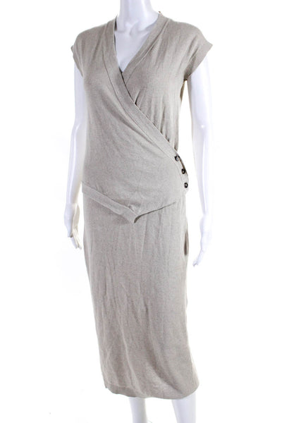 Modern Citizen Womens Knit V-Neck Short Sleeve Button Up Maxi Dress Beige Size S