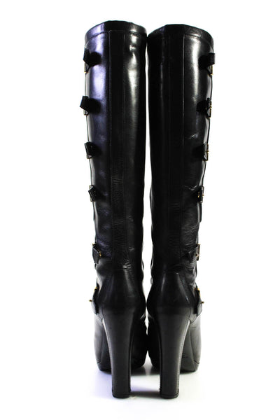 Belstaff Womens Leather Metal Trim Push Lock Knee High Boots Black Size 6US 36EU