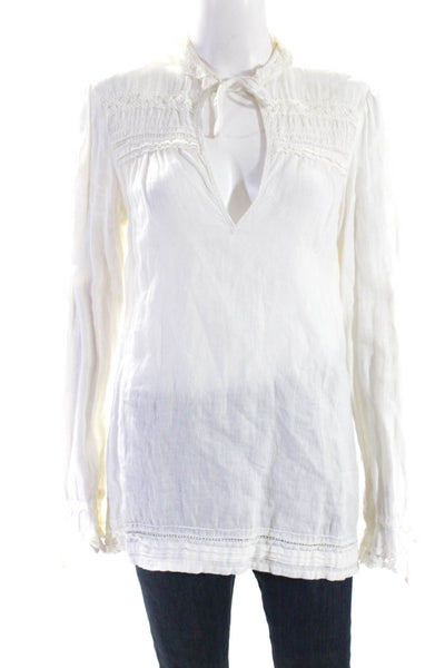 120% Lino Womens Linen V-Neck Tie Front V-Neck Tunic Top Blouse White Size 12