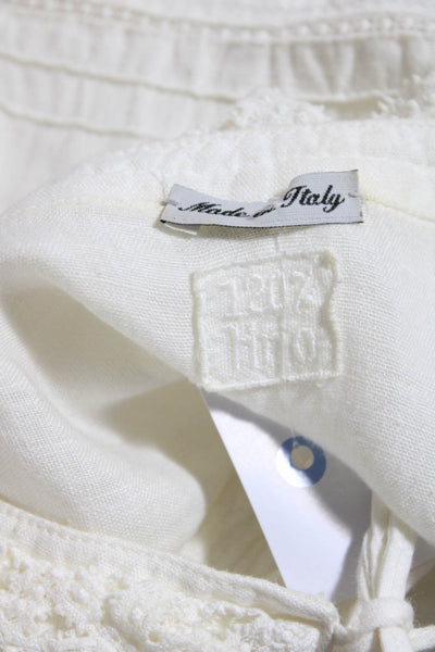 120% Lino Womens Linen V-Neck Tie Front V-Neck Tunic Top Blouse White Size 12